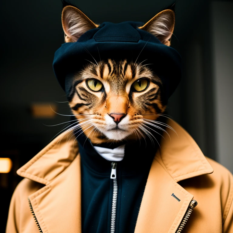 RAW photo, animal, a portrait photo of [man:cat:2] humanoid in clothes, face, 8k uhd, dslr, soft lighting, high quality, film grain, Fujifilm XT3