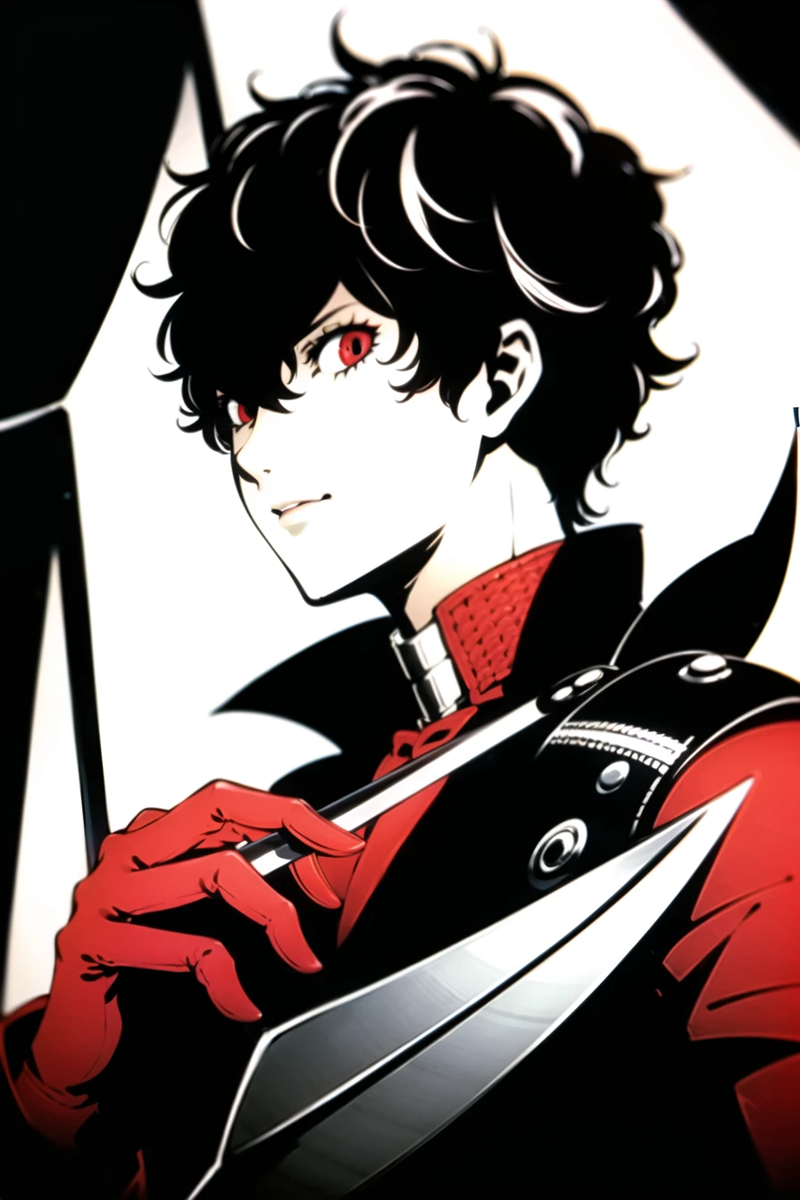 soejima shigenori, persona, persona 5, persona 5 the royal,

amamiya ren,
1boy, black hair, dagger, domino mask, upper body, portrait, gloves, jacket, knife, male focus, mask, red gloves, solo, weapon, black blackground, indoors,

<lora:soejima_shigenori:0.6>