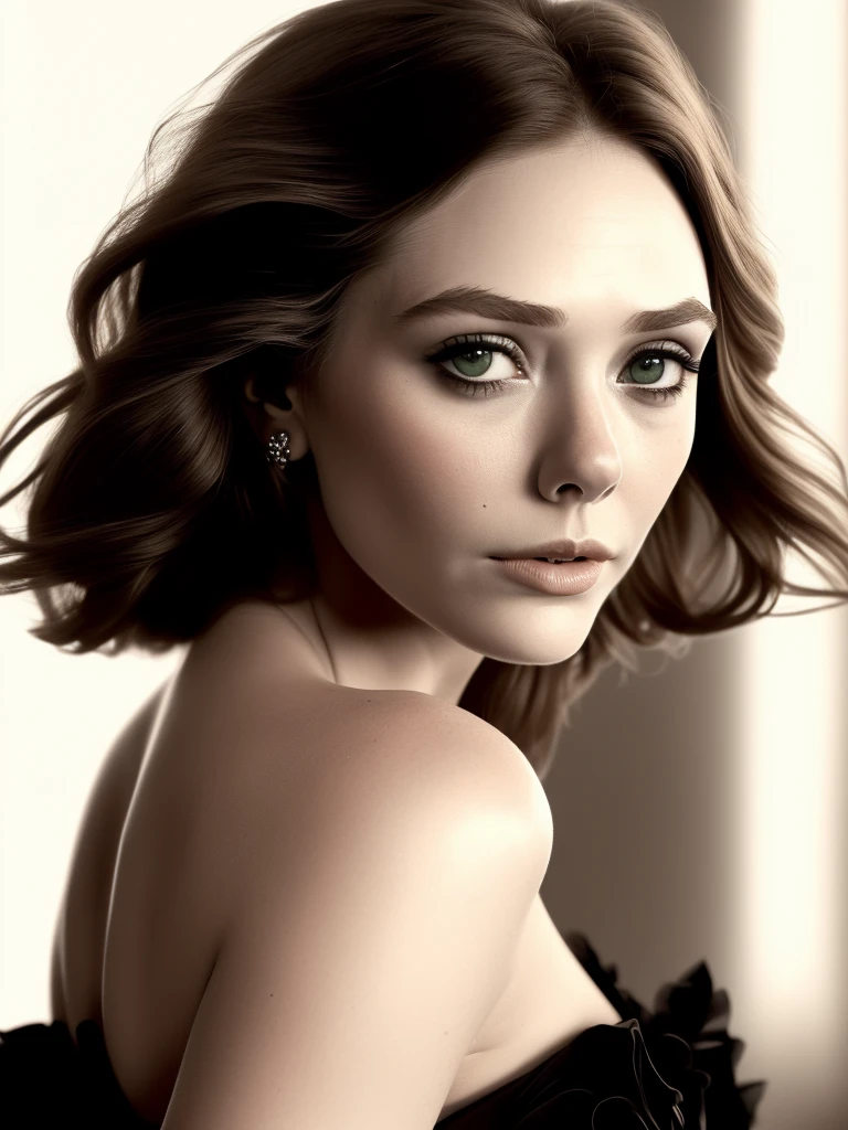 eliol69, Sharp focus:1.2, portrait, woman, (beautiful face:1.1), detailed eyes, luscious lips, (minimal makeup:1.2), (medium breasts:1.0), (tight body:1.2), (brown hair:1.2), wearing (delicate ring:1.2) and showing off her (midriff:1.2) while (looking back:1.2) at the viewer in a (blurry:1.2) background setting. (moody lighting:1.2), depth of field, bokeh, 4K, HDR. by (Annie Leibovitz:1.2|Richard Avedon:1.1)