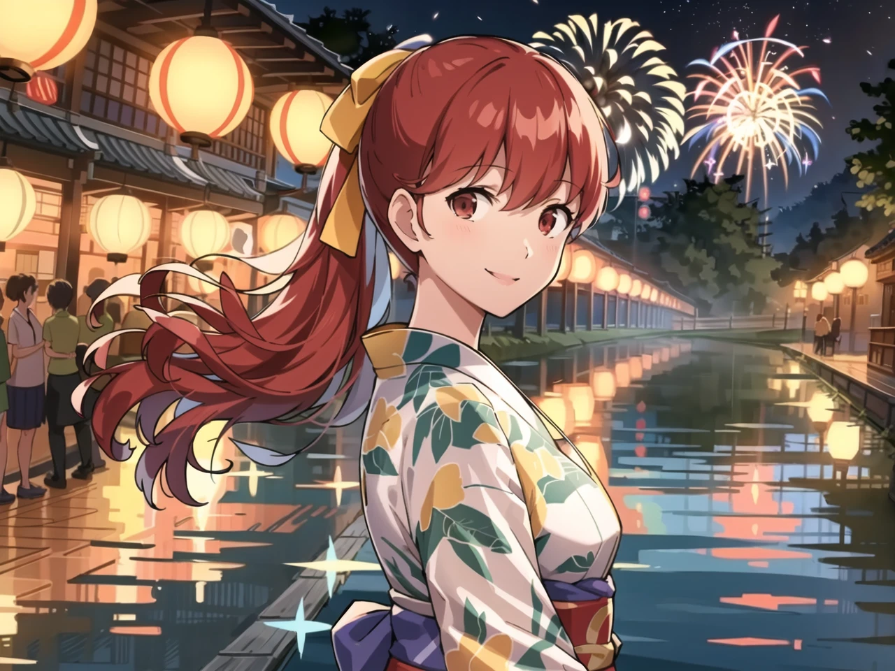 masterpiece, best quality, highres, extremely detailed CG unity 8k wallpaper,
illustration of  dskasumi, long hair, ponytail, hair ribbon, smiling, yukata, 1girl, solo, festival, lake, cityscape, fireworks, night sky, detailed background, (persona 5:0.5)
<lora:dskasumi_e5:0.8>