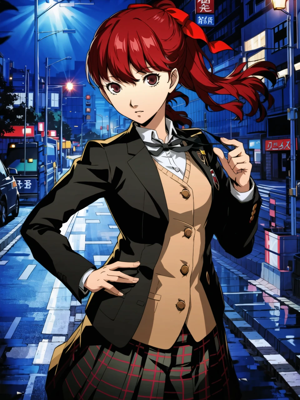 masterpiece, best quality, highres, portrait of dskasumi, long hair, ponytail, hair ribbon, school uniform, shuujin academy uniform, blazer, skirt, 1girl, solo, standing night, street, detailed background, cowboy shot, soejima shigenori, (persona 5:0.5)
<lora:dskasumi_e4:0.75> <lora:persona5CatherineSoejima:0.5>