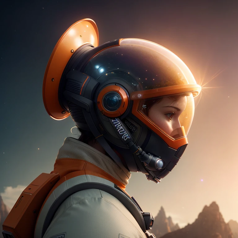 Highly detailed RAW color Photo, Rear Angle, Full Body, of (female space soldier, wearing orange and white space suit, helmet, tined face shield, rebreather, accentuated booty), outdoors, (looking up at advanced alien structure, on alien planet), toned body, big butt, (sci-fi), (mountains:1.1), (lush green vegetation), (two moons in sky:0.8), (highly detailed, hyperdetailed, intricate), (lens flare:0.7), (bloom:0.7), particle effects, raytracing, cinematic lighting, shallow depth of field, photographed on a Sony a9 II, 50mm wide angle lens, sharp focus, cinematic film still from Gravity 2013
