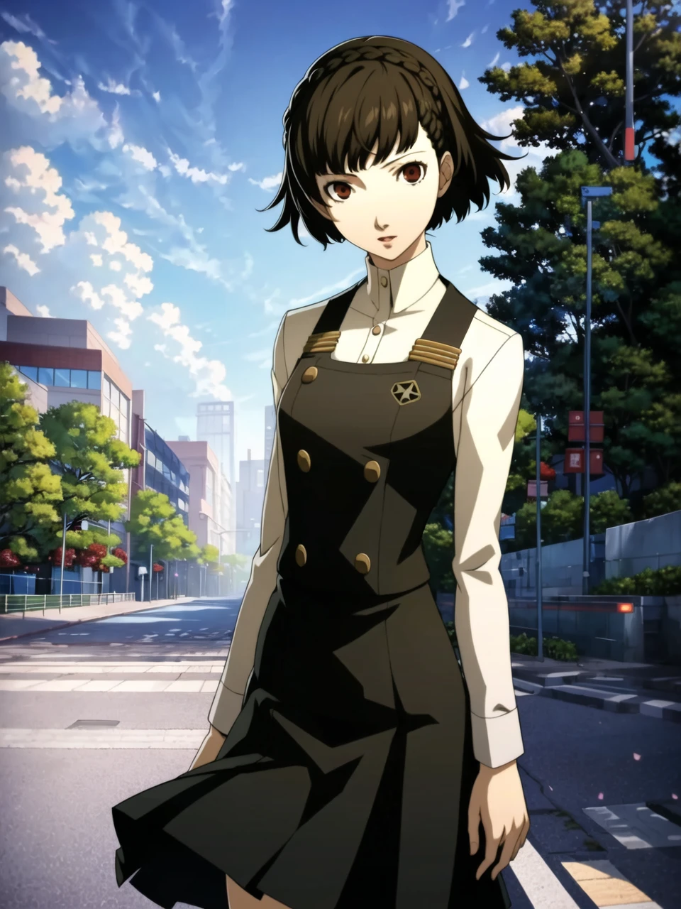 masterpiece, best quality, highres, portrait of dsmakoto, short hair, crown braid, school uniform, shuujin academy uniform, dress shirt, skirt, 1girl, solo, standing, street, detailed background, cowboy shot, soejima shigenori, (persona 5:0.5)
<lora:dsmakoto_e4:0.75> <lora:persona5CatherineSoejima:0.5>