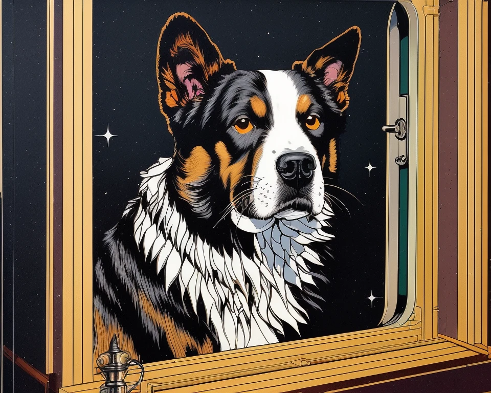 ((pulp-diffusion style)), dog made from glass standing in ship cabine looking , (breaking into pieces ,the glass flowing), translucent glass elements levitating, volumetric light, rim light,Norman Rockwell, realistic masterpiece, sharp, nebulae galaxy colored light, detailed realistic professional art masterpiece, Gustave Courbet