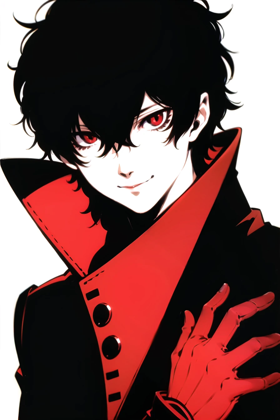 soejima shigenori, persona,

amamiya ren,

1boy, black hair, gloves, looking at viewer, male focus, mask, mask removed, messy hair, red eyes, smile, solo, spot color,

<lora:soejima_shigenori:0.6>