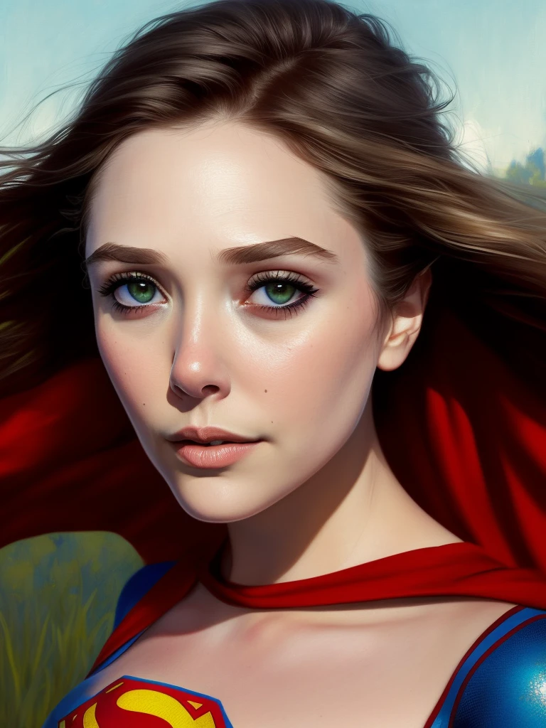 photo of eliol69,  highres, masterpiece, 1girl, solo, best quality, realistic, outdoors, looking at viewer, perspective shot, ((Superman cosplay)), sweat, petite, navel, (red hair), smirk, aroused, 4K, HDR. by (James C. Christensen:1.2|Jeremy Lipking:1.1).