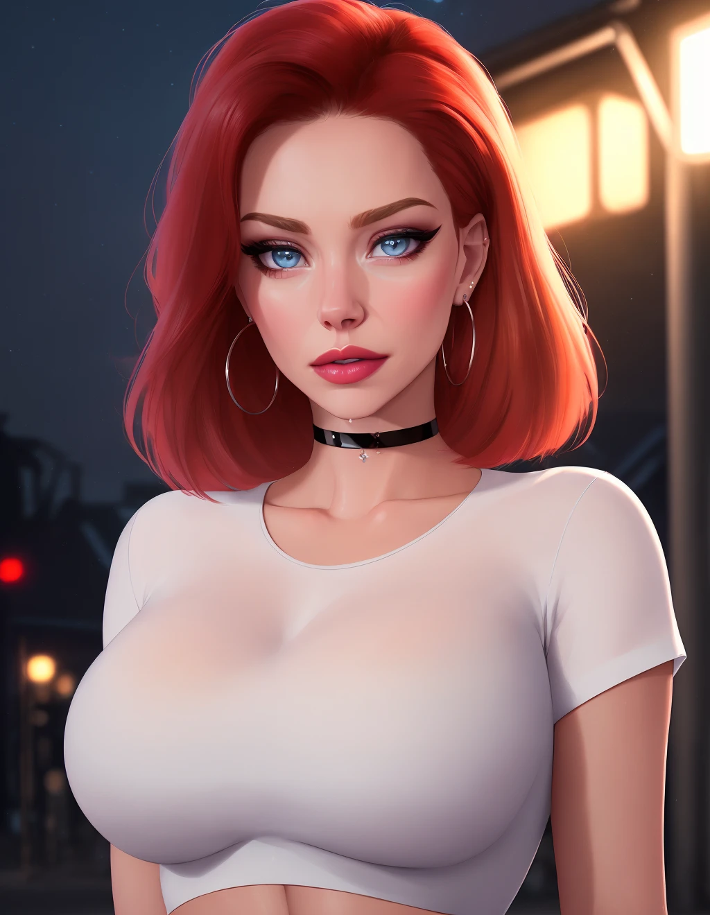 (dreamlikeart, redshift style, analog style:1.1), (copeseethemald style:0.5), (thepit bimbo, glossy), sexy, bimbo,

1girl, solo,
([Nina Dobrev|Emma Stone]:1.1), closeup, extreme closeup, looking at viewer, symmetric, centered,
pantsuit, business suit, elegant suit, white crop top shirt,

shinny skin, oily skin, subsurface skin scattering, shiny skin,
choker, earrings, eyelashes, eyeshadow, lips, lipstick, jewelry, makeup, nose, parted lips, navel,
beautiful detailed blue eyes, redhead,

realistic, photo-realistic, well-lit face, glowing face, face focus, see-through,
(night:1.2), dark, scary, dark city, alley, chased, danger, worried, afraid, stressed,  building, street lights, detailed background,

[(dust particle paint explosion:1.2)::0.11], (secret:0.8),