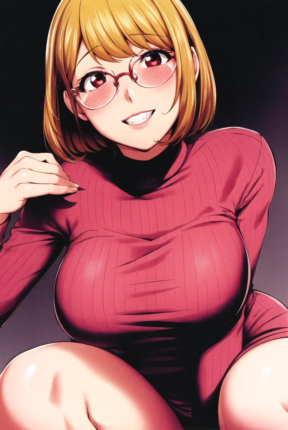 kon-kit, kaya izumi,

1girl, blush, brown hair, glasses, large breasts, navel, red eyes, short hair, smile, solo focus, blonde hair, red sweater, portrait, portrait, ;\)

<lora:konkit:0.7>