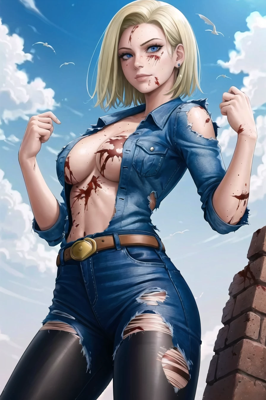 sciamano240, android 18, 1girl, black pantyhose, black shirt, blonde hair, blood, blood on face, blue eyes, breasts, clenched hands, closed mouth, cloud, cowboy shot, cuts, day, denim, earrings, injury, jewelry, long sleeves, medium breasts, nose, outdoors, pantyhose, realistic, shirt, short hair, skirt, sky, solo, torn clothes, torn pantyhose, torn shirt,
(masterpiece), (best quality), (ultra-detailed), (best illustration), (best shadow), (an extremely delicate and beautiful)
<lora:sciamano240:0.6>