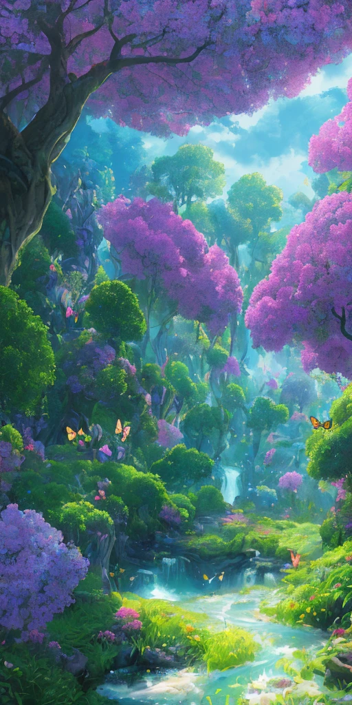 masterpiece, extremely detailed CG unity 8k wallpaper, masterpiece, best quality, high quality, extremely detailed CG unity 8k wallpaper, An extremely colorful and purely fantasy environment with vibrant hues and a bright sky, landscape of bright green grass, colorful trees, glittering fruits, and bright blue flowers. The streams are a deep shade of blue, and the air is filled with sweet exotic scents. The environment appears to be taken out of a dream, with luminescent butterflies and giant colorful birds flying around, award winning photography, Bokeh, Depth of Field, HDR, bloom, Chromatic Aberration ,Photorealistic,extremely detailed, trending on artstation, trending on CGsociety, Intricate, High Detail, dramatic, art by midjourney