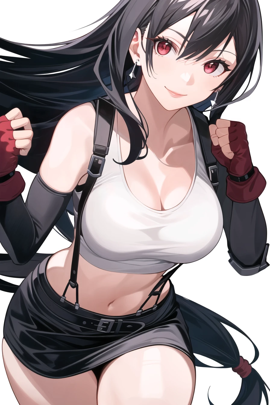 tifa lockhart, final fantasy vii, 1girl, bangs, bare shoulders, belt, black belt, black gloves, black hair, black skirt, breasts, cleavage, clenched hands, closed mouth, collarbone, cowboy shot, crop top, earrings, elbow gloves, fingerless gloves, floating hair, gloves, hair behind ear, hands up, jewelry, large breasts, lips, long hair, looking at viewer, low-tied long hair, midriff, miniskirt, navel, red eyes, red gloves, shirt, sidelocks, signature, simple background, skirt, sleeveless, smile, solo, stomach, suspenders, swept bangs, tank top, taut clothes, taut shirt, thighs, white background, white tank top, ((masterpiece))

<lora:tifa_lockhart_offset:1>