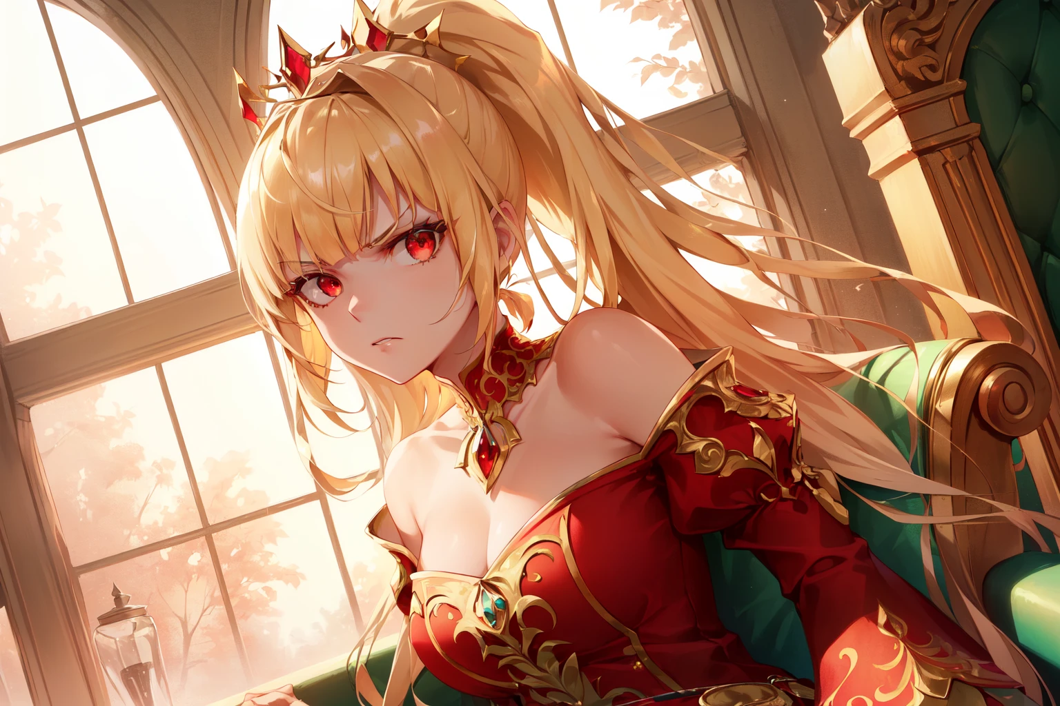 (Realism), (Highres), 4K, 8K, Detailed Illustration, Ultra-Detailed, Ambient Light, Backlighting, Realistic Shadows, Glowing Particles, Light Particles, Digital Art, Soft Light, Soft Lighting, White Light, White Lighting, Reflections, Detailed Face, (Detailed Hair:1.2), (Hyper-Detailed Eyes:1.2), Dim Lighting, Indirect Lighting, Reflections, Detailed Face, (Detailed Hair:1.2), (Hyper-Detailed Eyes:1.2)
(Indoors:1.4), (Day:1.2), ((Sitting on Throne)), Renaissance, Renaissance Architecture, Windows, Noblesse, Throneroom, Sitting, Throne, Massive Thone, Ornated Throne,
(Dull Blonde Hair:1.15), (Blunt Bangs:1.4), (Very Long Hair:1.4), Long Sidelocks, (High Ponytail:1.4), (Red Eyes:1.3), Expressionless, Emotionless, (Disgust:1.4), (Contempt:1.4), (Glaring:1.3), Long Eyelashes, Thick Eyelashes, (Close-Up Face:1.4), (Looking at Viewer:1.4),
(Solo:1.4), Mature Female, Full Body, Curvy, Medium Breasts,
(Elegant Long Red Dress:1.3), Ornate Clothes, Ornate Dress, (Red Off-Shoulder Dress:1.3), Bare Shoulders, (Red Dress:1.3), (Red Puffy Sleeves, Long Sleeves, Juliet Sleeves:1.3), (Frilled Dress:1.3), (Jewelry:1.15), Gorget, Gold-Trim, Gold Trim, Tiara,