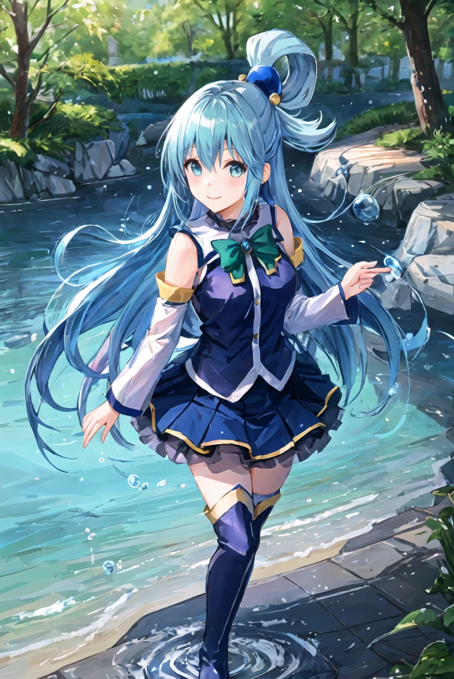 aqua \(konosuba\), mksks style, (very detailed background:1.0), (highly detailed background:1.0), {Masterpiece}, High Quality, 1girl, blue eyes, blue footwear, blue hair, blue thighhighs, blush, boots, breasts, bubble, detached sleeves, hair ornament, hair rings, leg up, long hair, looking at viewer, medium breasts, open hand, single hair ring, skirt, smile, solo, standing, standing on one leg, thigh boots, thighhighs, very long hair, water, white thighhighs, kono subarashii sekai ni shukufuku wo!, <lora:aqua_konosuba-000035:0.6>, <lora:dpep2768:0.7>