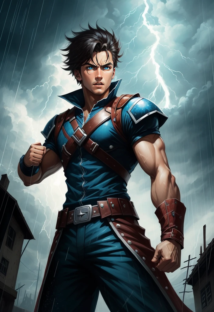 Highly detailed face and eyes, from behind, The mighty hero raises his fist to the sky and screams at the top of his lungs. At that moment, a bolt of lightning crashes down upon the hero. The rainstorm sweeps the region.