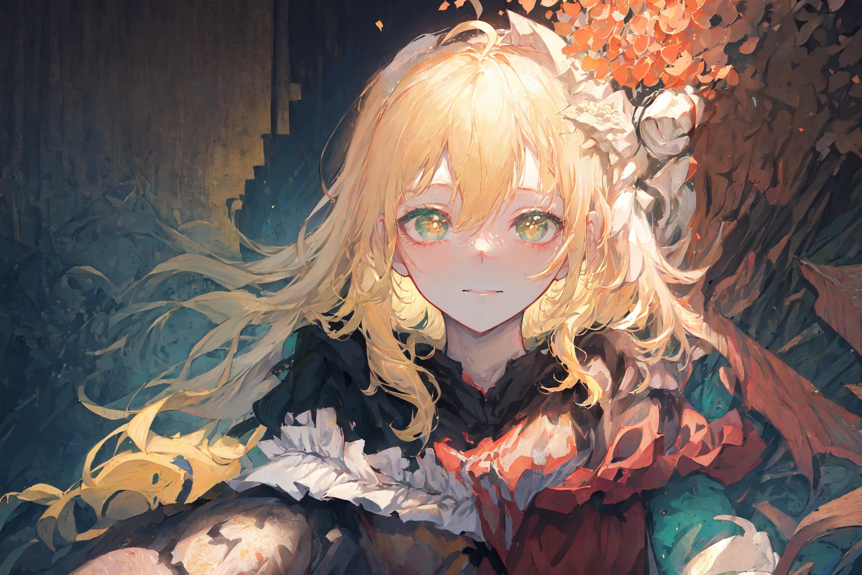 {best quality}, {{masterpiece}}, {highres}, original, extremely detailed 8K wallpaper, 1girl, {an extremely delicate and beautiful},This is a cartoon style picture,In the garden under the setting sun sat a blonde young girl, holding a flower and light smile,hair flower,sleeveless,horizontal pupils,symbol-shaped pupils,green eyes,gradient background,depth of field,sitting,cinematic lighting, volume lighting, bloom effect, light particles,long hair,ahoge,,