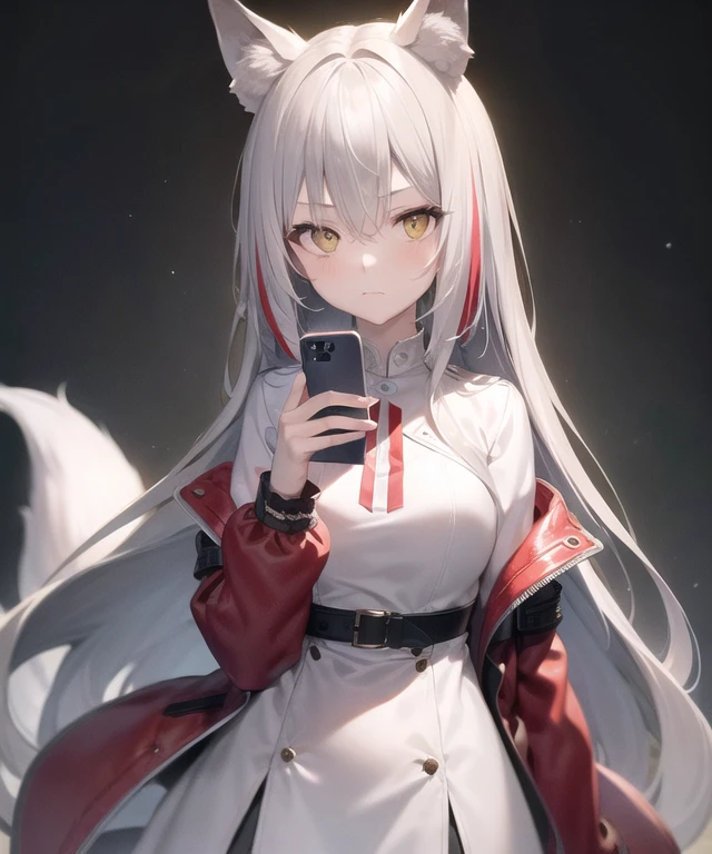 896x576 -s k dpmpp 2s a -t 30 -x 2036077282 -c 7-o ((masterpiece)), ((best quality)), ((illustration)), (light reflection), beautiful shadow, cowboy shot, looking at viewer, solo, 1girl, fox girl, fox ears, long hair, (silver hair streaked red hair:1.15), bangs, hair between eyes, yellow eyes, jacket, (serious:1.05), modern city, holding phone, masterpiece, best quality