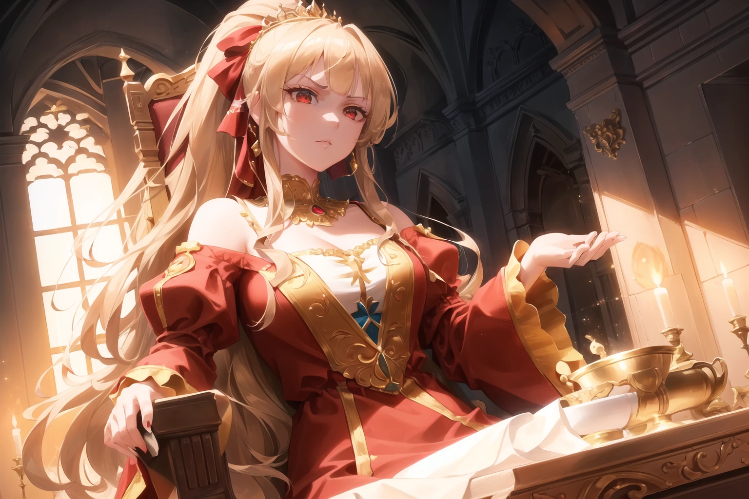 (Realism), (Highres), 4K, 8K, Detailed Illustration, Ultra-Detailed, Ambient Light, Backlighting, Realistic Shadows, Glowing Particles, Light Particles, Digital Art, Soft Light, Soft Lighting, White Light, White Lighting, Reflections, Detailed Face, (Detailed Hair:1.2), (Hyper-Detailed Eyes:1.2), Dim Lighting, Indirect Lighting, Reflections, Detailed Face, (Detailed Hair:1.2), (Hyper-Detailed Eyes:1.2)
(Indoors:1.4), (Day:1.2), ((Sitting on Throne)), Renaissance, Renaissance Architecture, Windows, Noblesse, Throneroom, Sitting, Throne, Massive Thone, Ornated Throne,
(Dull Blonde Hair:1.15), (Blunt Bangs:1.4), (Very Long Hair:1.4), Long Sidelocks, (High Ponytail:1.4), (Red Eyes:1.3), Expressionless, Emotionless, (Disgust:1.4), (Contempt:1.4), (Glaring:1.3), Long Eyelashes, Thick Eyelashes, (Close-Up Face:1.4), (Looking at Viewer:1.4),
(Solo:1.4), Mature Female, Full Body, Curvy, Medium Breasts,
(Elegant Long Red Dress:1.3), Ornate Clothes, Ornate Dress, (Red Off-Shoulder Dress:1.3), Bare Shoulders, (Red Dress:1.3), (Red Puffy Sleeves, Long Sleeves, Juliet Sleeves:1.3), (Frilled Dress:1.3), (Jewelry:1.15), Gorget, Gold-Trim, Gold Trim, Tiara,