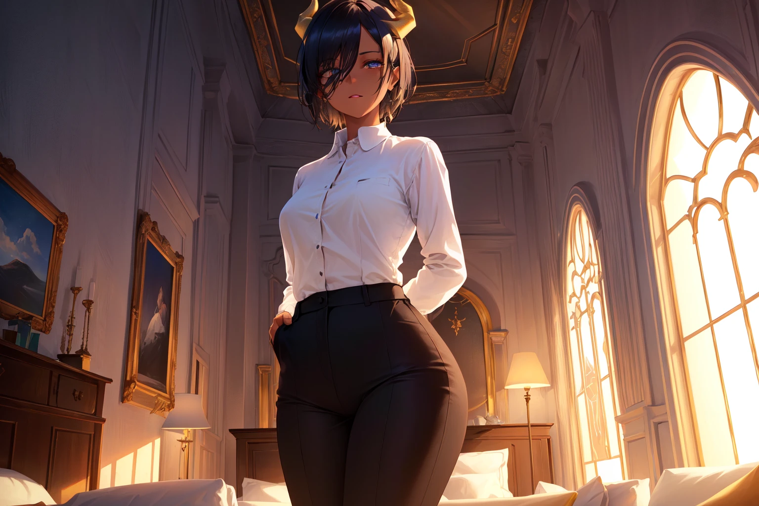 (Realism), (Highres), 4K, 8K, Detailed Illustration, Ultra-Detailed, Ambient Light, Backlighting, Realistic Shadows, Glowing Particles, Light Particles, Digital Art, Soft Light, Soft Lighting, White Light, White Lighting, Reflections, Detailed Face, (Detailed Hair:1.2), (Hyper-Detailed Eyes:1.2), Dim Lighting, Indirect Lighting,
Indoors, Renaissance, Renaissance Architecture, Mansion, Noblesse, Royal Furniture, Windows,
Mature Female, Solo, Dark Skin, Dark-Skinned Female,
Short Hair, Black Hair, Dragon Horns, <(Long_Horns:1.4)> ,
Curvy, Thick Thighs, <Small_Breasts>,
Slacks, Revealing Clothes, (White Shirt:1.2),