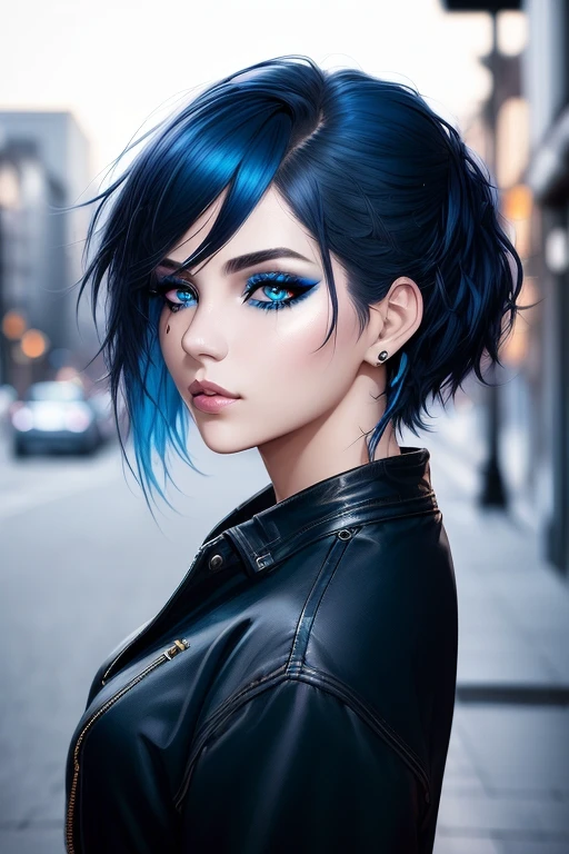 beautiful girl, half body portrait, short bright blue disheveled hair, black eyeshadow, (street style wear:1.2), (city background:1.2), dark makeup, digital art, trending on artstation, highly detailed, fine detail, intricate,  beautiful detailed glow, detailed, Cinematic light, highres, detailed facial features,sharp focus, smooth, aesthetic,