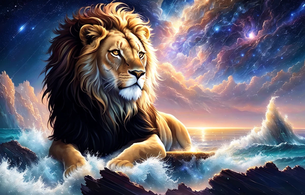Style-NebMagic, an award winning masterpiece character concept art of solo, a majestic lion mane pulsing with celestial Style-Nebmagic, lion gazing at the stars laying on a cliff, sparkling lights, fantasy lion, imposing, laying on top of a cliff gazing at the stars, full body, close up, looking at viewer, mysterious ambiance, mystery, intrigue, laughter, dynamic lighting, beautiful lighting, <lora:torinoAquaStyleLora_v1:0.25>