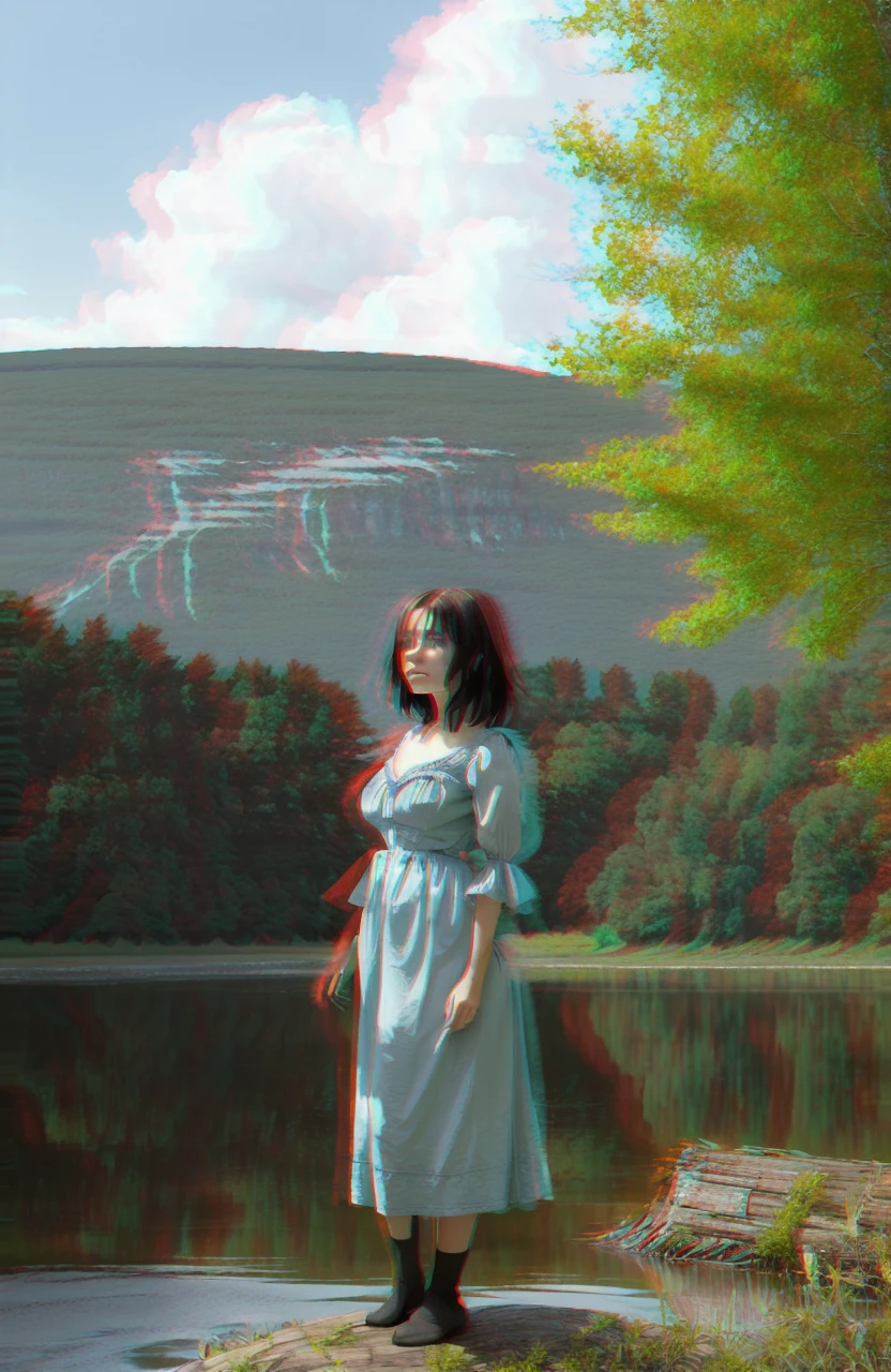 a landscape painting of a beautiful woman standing next to a lake, wearing victorian dress, dark blue, light gray, mountains in background, forest in background, blue sky, fluffy clouds, sunny, sharp focus, detailed