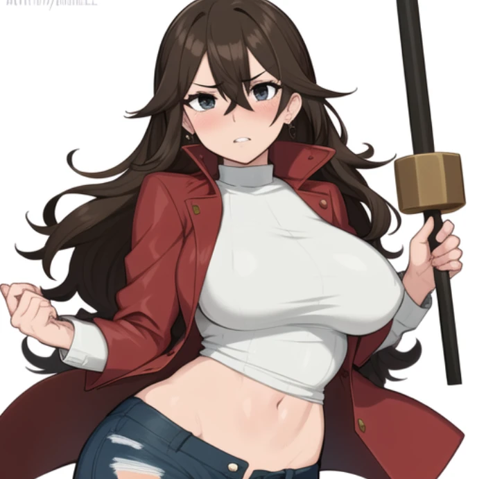 beautiful, masterpiece, best quality, extremely detailed face, perfect lighting, <lora:Afrobull:0.7>, 1girl, black eyes, breasts, brown hair, cowboy shot, denim, ear piercing, hair between eyes, haori, holding, holding mallet, jacket, japanese clothes, jeans, kine, large breasts, long hair, long sleeves, mallet, open clothes, open jacket, pants, piercing, red jacket, simple background, solo, sweatdrop, sweater, sweater tucked in, torn clothes, torn jeans, torn pants, white background, white sweater