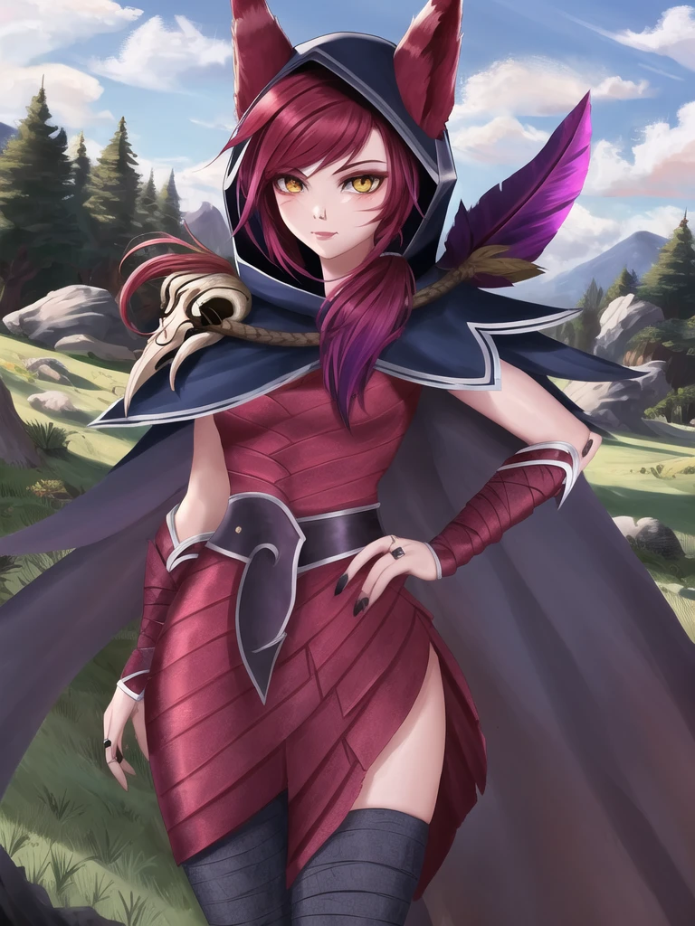 grass, sky, field, xayah, league of legends, 1girl, animal ears, bandaged leg, thighhighs, bandages, belt, bird legs, bird skull, cloak, closed mouth, ears through headwear, eyes visible through hair, facial mark, feathers, hood, hood up, hooded cloak, long hair, yellow eyes, red hair, talons, vambraces, blue capelet, cape, capelet, hair over shoulder, hooded capelet, red dress, dress, nose ring, nose piercing <lora:xayah-000036:1>