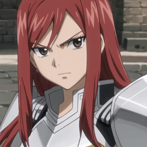 1girl, solo, erza scarlet, fairy tail, red hair, brown eyes, long hair, looking at viewer, serious, close-up, closed mouth, sidelocks, armor, upper body,  <lora:erza:0.7><hypernet:sgqo1n:1.0>