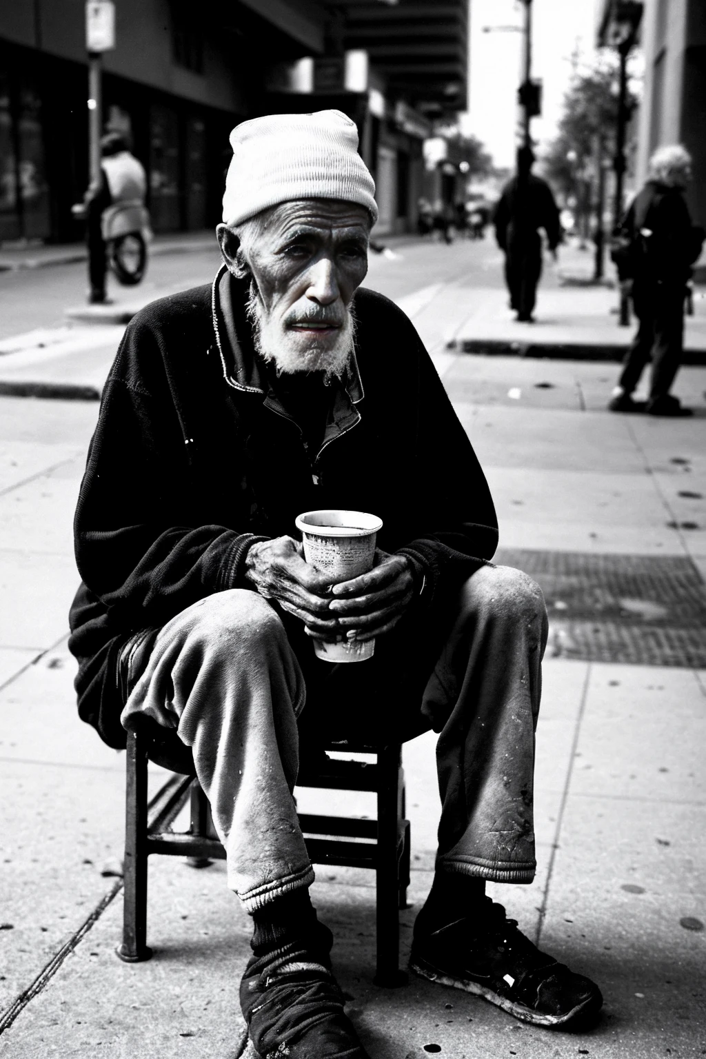 Black and white high-resolution street photograph of an elderly homeless man with a sad expression sitting on the sidewalk. The man is holding a cup, asking for change. The urban environment in the background adds to the sense of poverty and desperation.