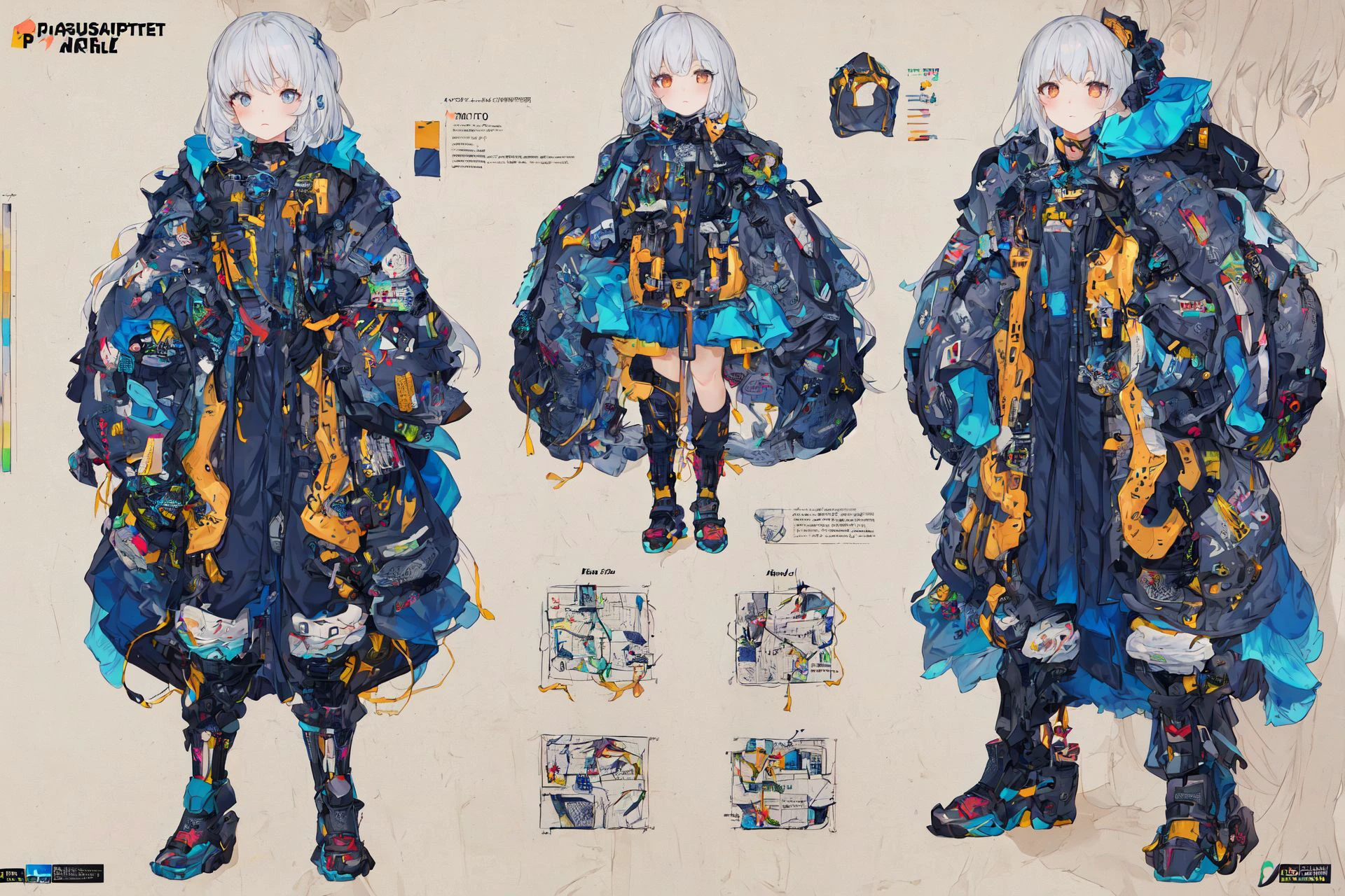 masterpiece, best quality, 1girl,highres, absurdres, full body,(ultra-detailed:1.1025), (illustration:1.1025), (infographic:1.1025), patent drawings, physical measurement, (all clothes configuration:1.1025), stationery, (solo:1.1025),standing, cohesive background, 5 fingers in hands, character sheet,