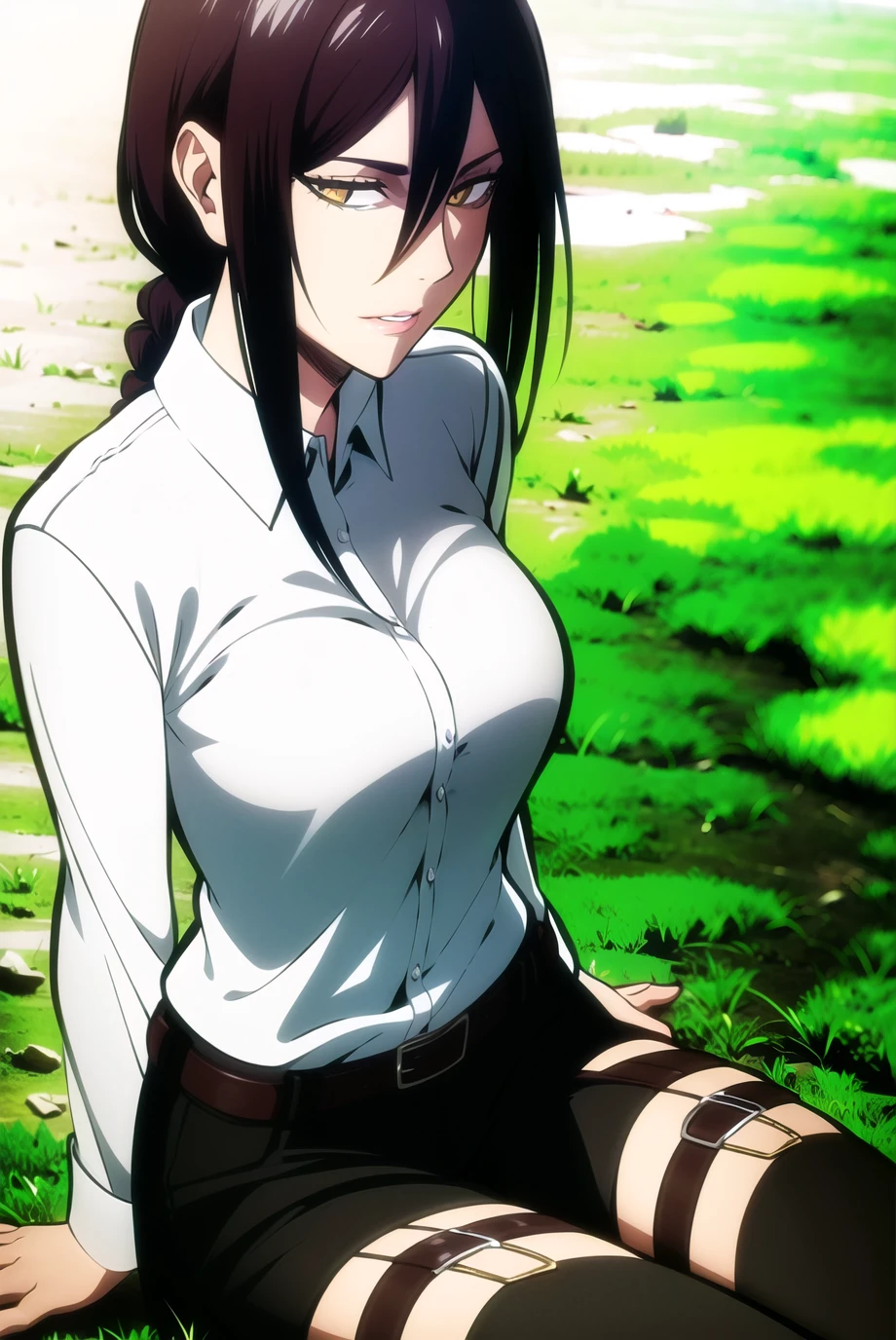 aot style, shingeki no kyojin,
makima \(chainsaw man\),
red hair, long braided hair, golden eyes, bangs, ringed eyes,
1girl, belt, belt buckle, red hair, (hair loop), blue eyes, brown pants, buckle, chest belt, collared shirt, diamond \(shape\), floating hair, from side, upper body, grey background, hair between eyes, hands on own thighs, long hair, long sleeves, looking ahead, pants, parted lips, shirt, sitting, solo, sparkle, star \(symbol\), thigh strap, white shirt, river, grass, trees,
, ((masterpiece)), best quality
, <lora:aot_style:0.65><lora:makima-000035:0.6>