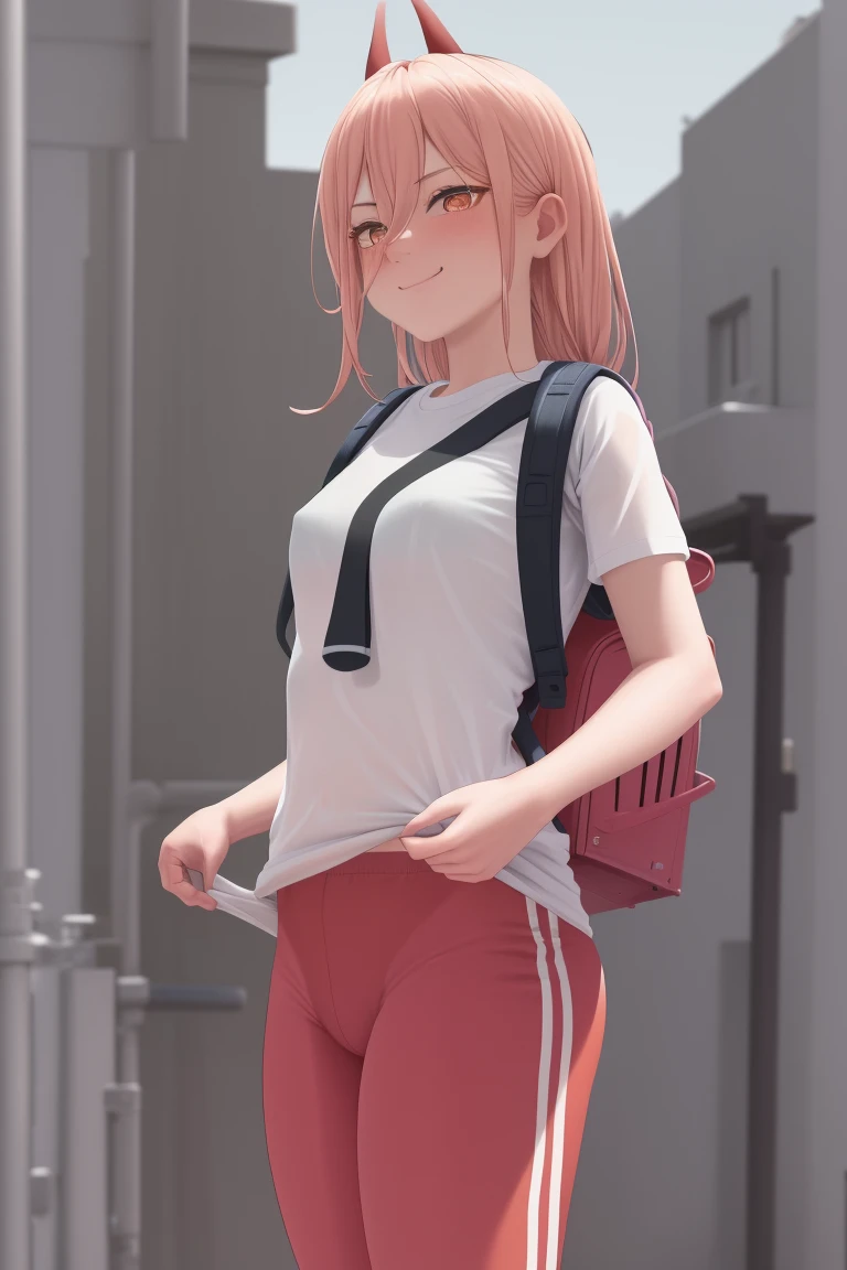 4k, fine detail, ultra high resolution, detailed face, delicate eyes, gradient eyes, gradient hair, light tracing,   real skin, beautiful skin,
 1girl, track pants, puffy short sleeves, standing, light smile, backpack,
street, city,