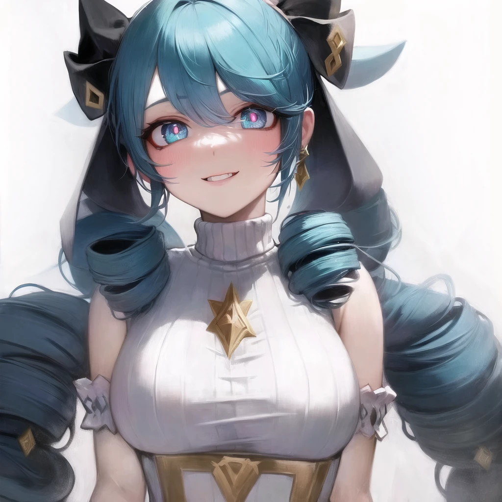 (alternate custome:1.5), (white turtleneck sweater), 1girl, absurdres, blue eyes, blue hair, drill hair, gwen \(league of legends\), hair ornament, highres, league of legends, long hair, parted lips, pink pupils, smile, solo, x, x hair ornament <lora:gwenv2-000006:1>