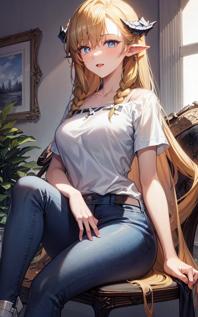 1girl,origentou,cowboyshot,jeans,t-shirt,horns,chair,sitting,cross legs,
