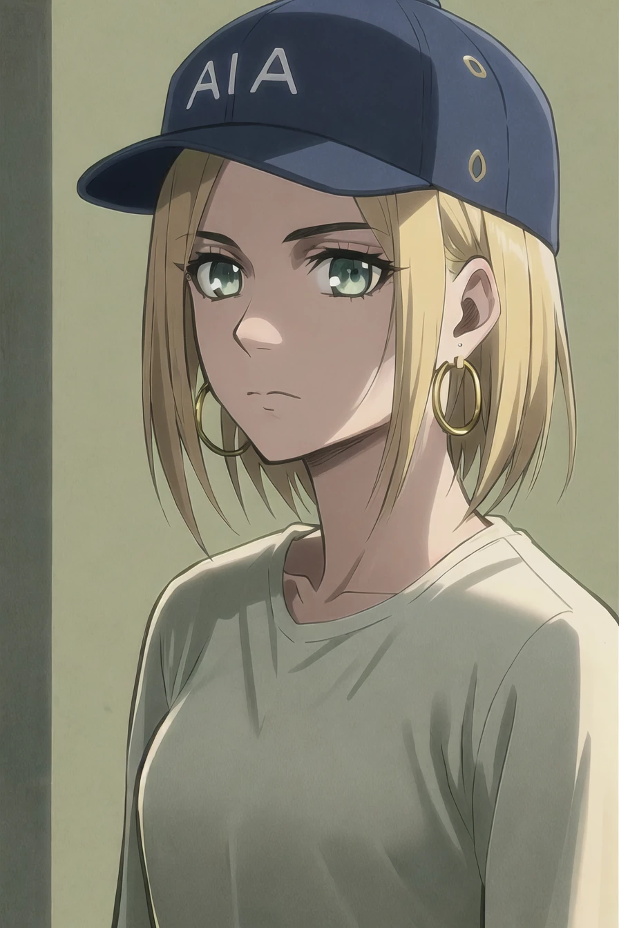 aot style, masterpiece, best quality, 1girl, aqua eyes, baseball cap, blonde hair, closed mouth, earrings, green background, hat, hoop earrings, jewelry, looking at viewer, shirt, short hair, simple background, solo, upper body, yellow shirt
, <lora:aot_style:0.6>