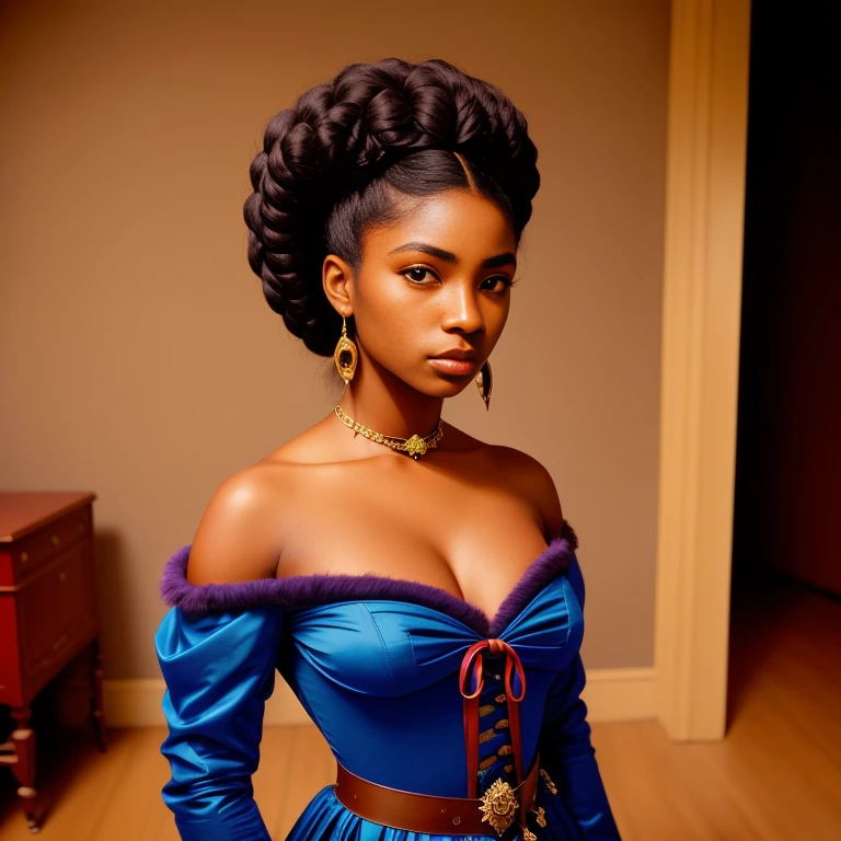 a beautiful (dark skin) woman, (EMB_fshnsta-13000:0.9), ((southern clothes)), tcg artwork, fantasy character, realism, perfect rendered face, perfect face details, oil on canvas, contemporary realism, photography, (full body:1.2), professional, canon camera, nikon camera, sharp, bokeh, studio quality, HD, cozy, cinematographic, by Sebastiao Salgado, by Gustave Courbet, by Rodrigo Prieto, by Miles Aldridge ((sfw))