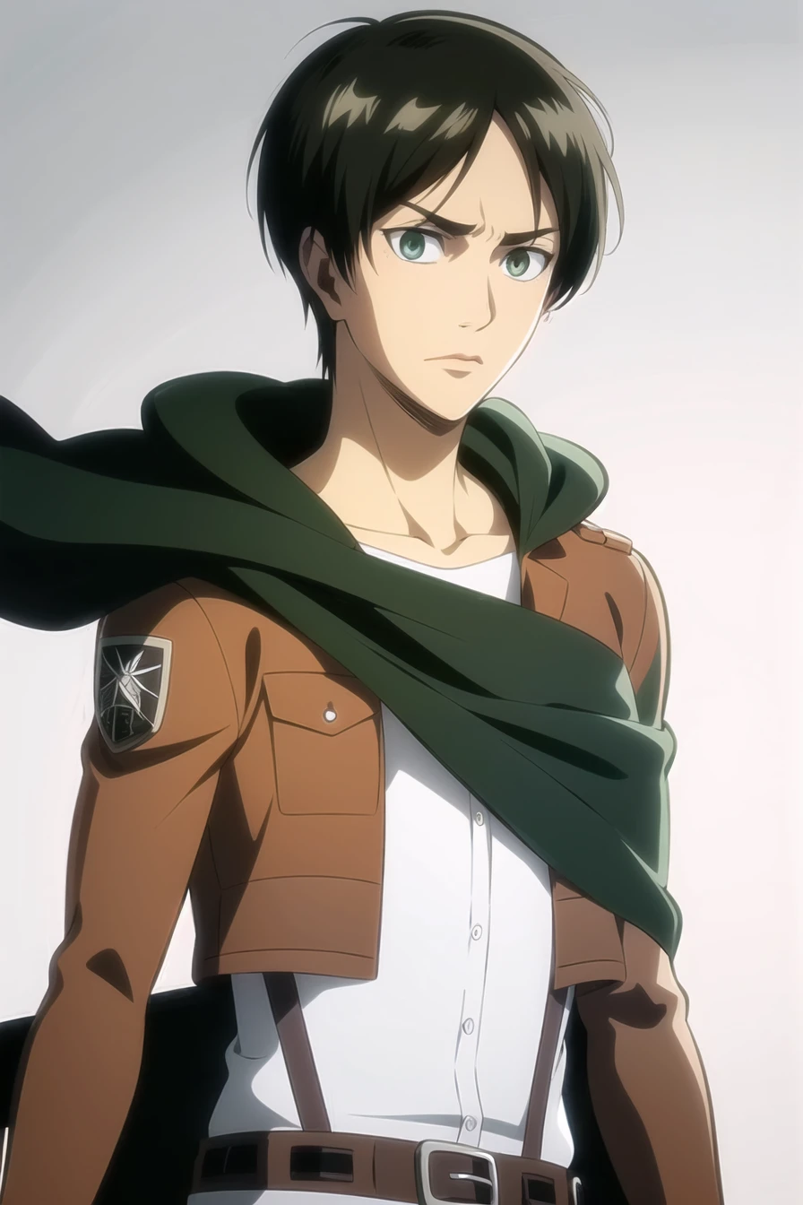 aot style, shingeki no kyojin,
eren yeager,
(1boy), belt, black hair, cape, emblem, green eyes, jacket, (male focus), paradis military uniform, solo, survey corps \(emblem\), sword,
, ((masterpiece)), best quality
, <lora:aot_style:0.65>