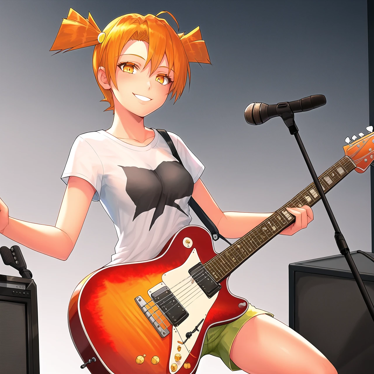 (AkiceDv:1.1), 1girl, instrument, solo, guitar, twintails, electric guitar, short twintails, t-shirt, orange hair, shorts, shirt, looking away, smile, short hair, amplifier, orange eyes, black shirt, yellow eyes, hair ornament, rock concert