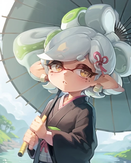 splatoon, inkling, marie, umbrella, cute, creek background