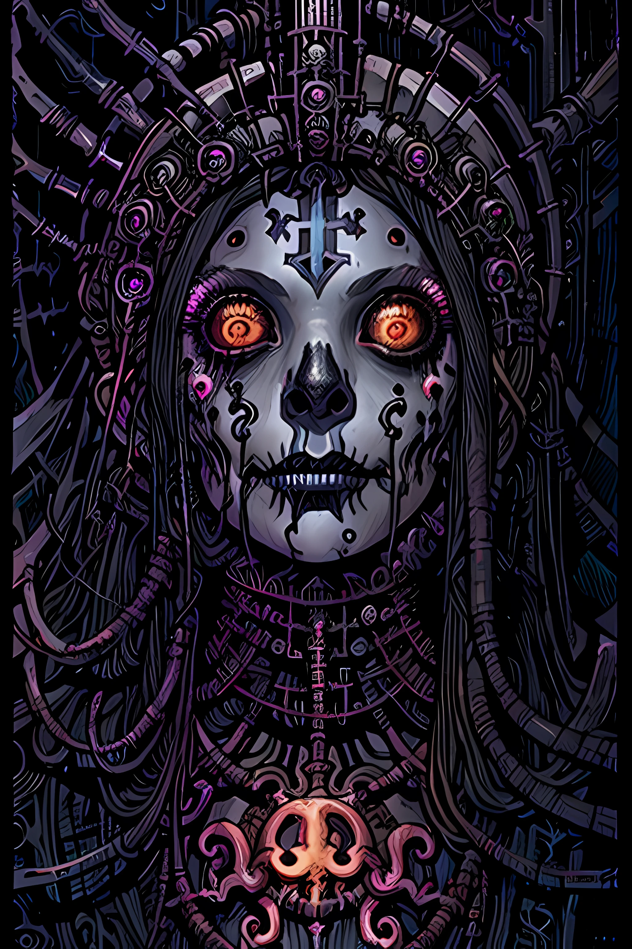 Necromancer sorceress face close-up macro in center, fantasy magic <lora:tarot card:0.8>, dangerous depressing atmosphere, intricate, elegant, highly detailed, digital painting, artstation, concept art, smooth, sharp focus, illustration, art by h r giger and greg rutkowski and alphonse mucha, beautiful dramatic lighting, magnetic field, asteroid field