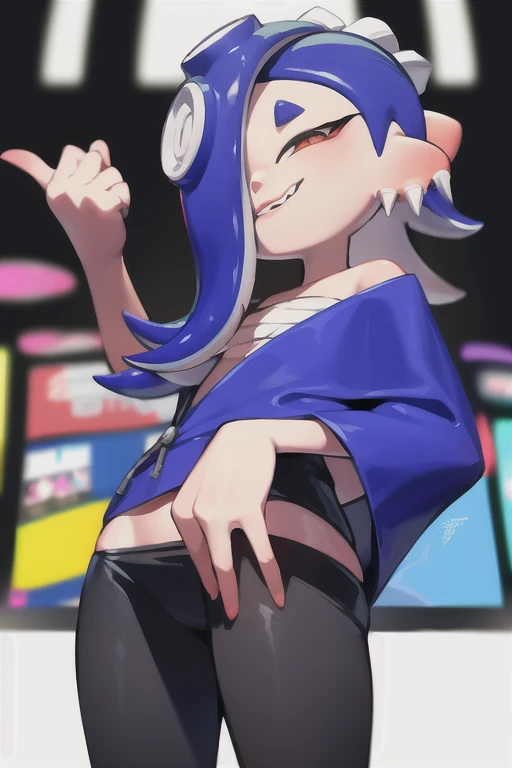 splatoon, sfw, cute, shiver, cyberpunk city background, peace signs, fan, fan in one hand, hand fan, desktop wallpaper design, solo