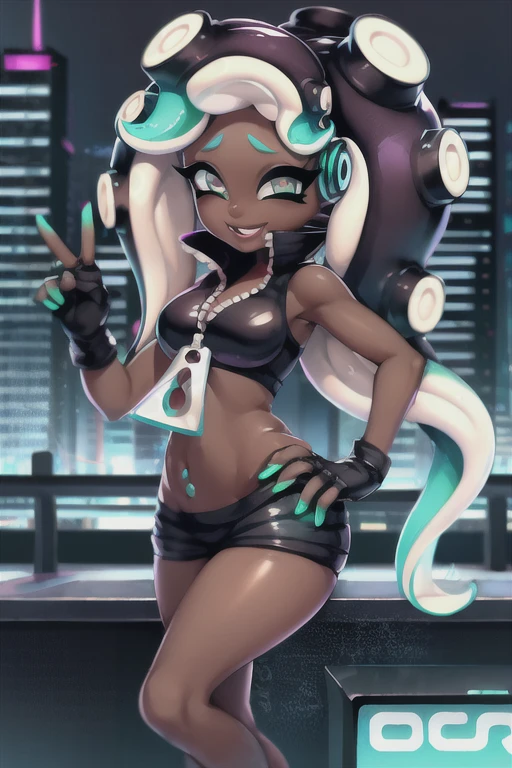 splatoon, sfw, cute, marina, cyberpunk city background, peace signs, fan, fan in one hand, hand fan, desktop wallpaper design, solo