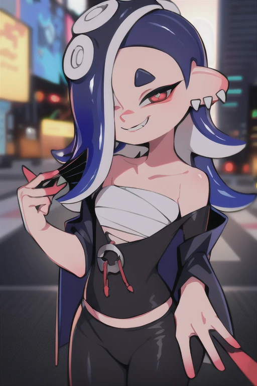 splatoon, sfw, cute, shiver, cyberpunk city background, peace signs, fan, fan in one hand, hand fan, desktop wallpaper design, solo