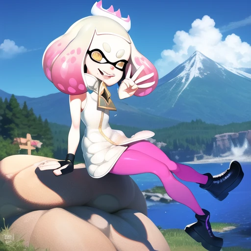 splatoon, pearl, inkling, cute, sfw, peace hand sign, beautiful mountain vista background, happy