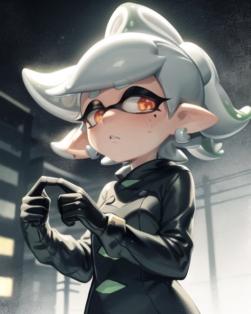 splatoon, inkling, marie, cute, (cyberpunk city background), saturated colors, horror, sketch, creepy, glowing red eyes, sad, raining, wet