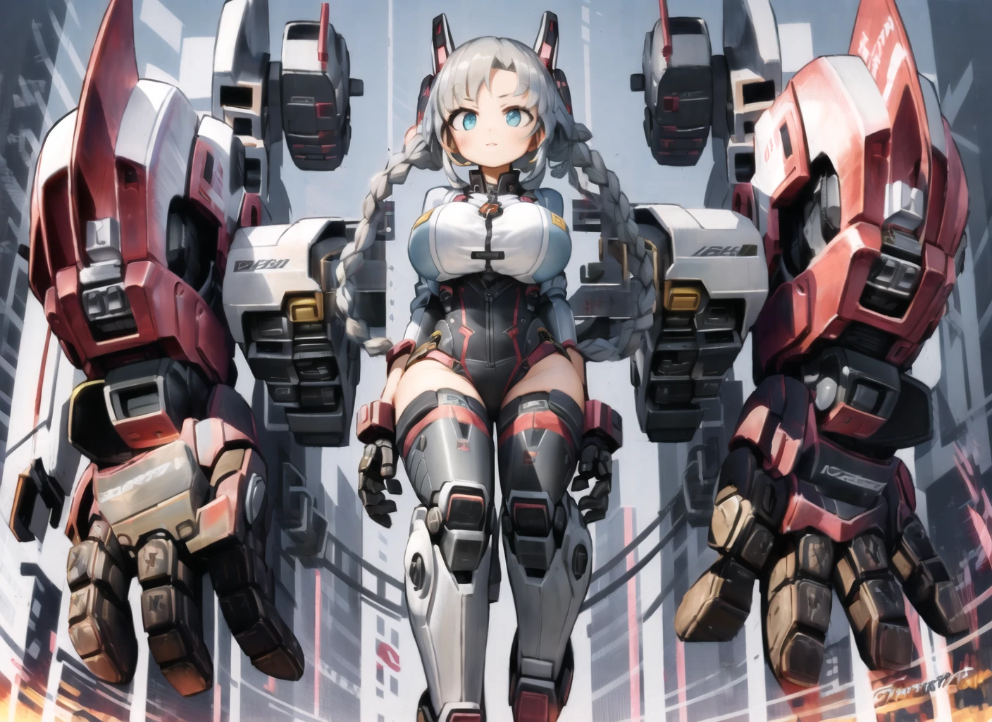 art by nanatsuta, realistic, 1girl, cyan hair, multiple braids, mecha_musume, with extremely large robotic hands, large mecha arm, large breasts, thick thighs <lora:large_mecha_arm_v1:1> <lora:nanatsuta-1740it-novae:1.3>