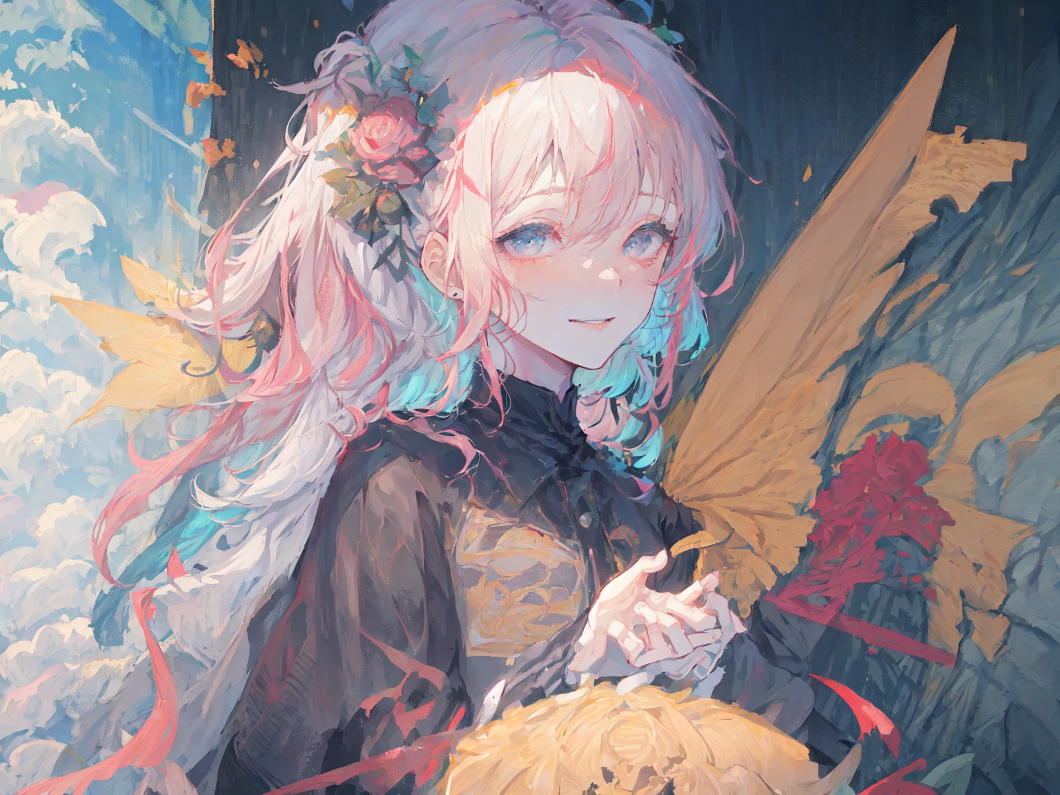 masterpiece,best quality,best quality,Amazing,beautiful detailed eyes,1girl,finely detail,Depth offield,extremely detailed CG unity 8k wallpaper,masterpiece,upper body,(vtuber minato aqua),pink hair,blue streaked hair, palace,holy,white long split mop dress ,mature female,standing,medium_breasts,silver-tiara,smile,black high heels,very long hair, body towards aside,jewelry,hair blue flower,grey eyes,close-up
