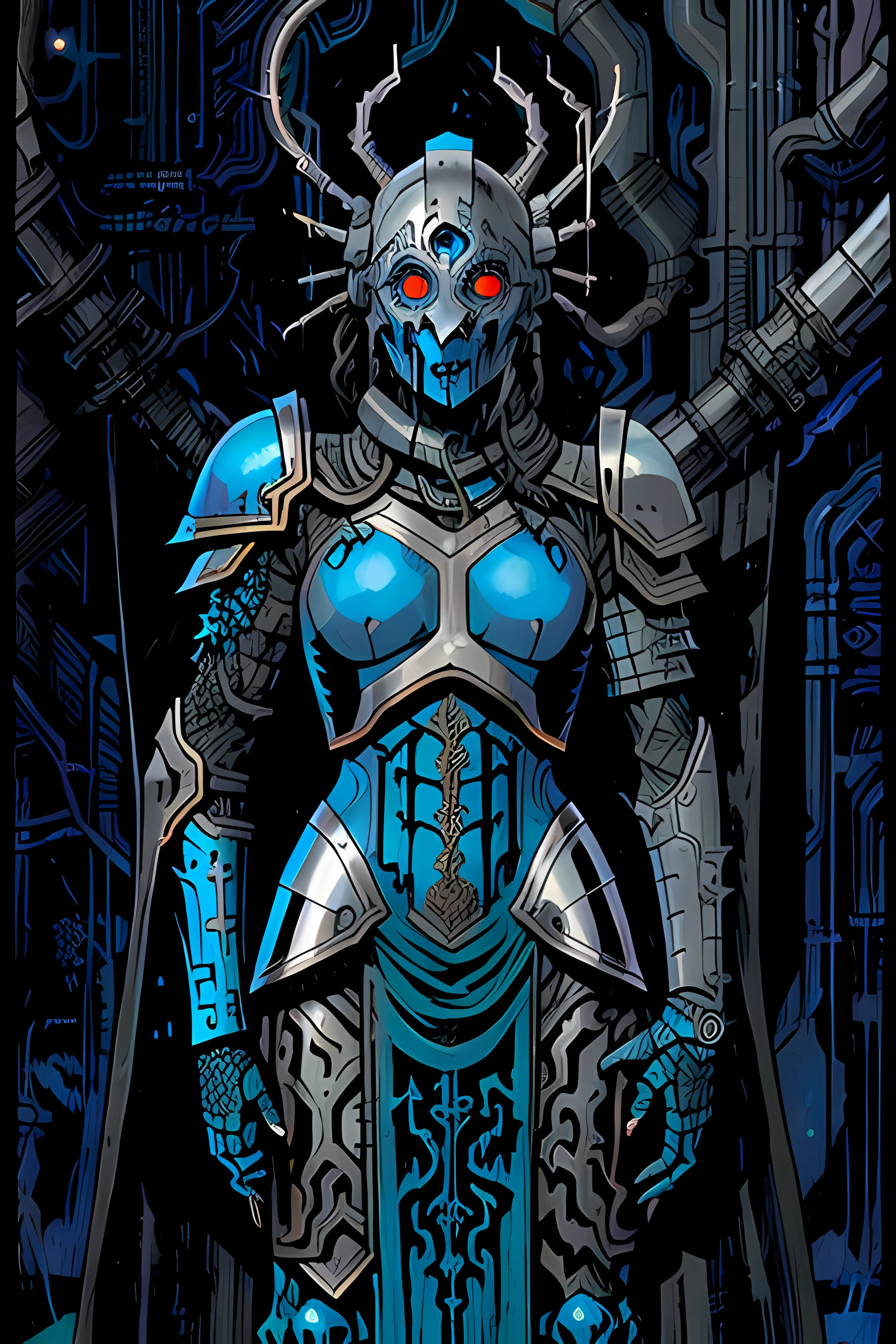 female black knight in dragon armor, colored blue, metallic, cyberpunk, vivid colors <lora:tarot card:0.7>, dangerous depressing atmosphere, intricate, elegant, highly detailed, digital painting, artstation, concept art, smooth, sharp focus, illustration, art by h r giger and greg rutkowski and alphonse mucha, beautiful dramatic lighting, magnetic field, asteroid field