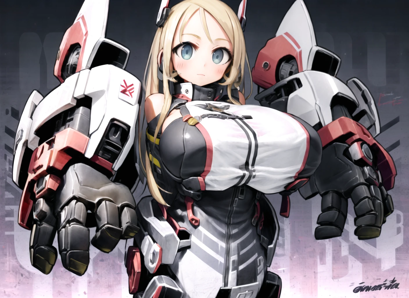 art by nanatsuta, realistic, 1girl, mecha_musume, with extremely large robotic hands, large mecha arm, large breasts, thick thighs <lora:lma:1> <lora:nanatsuta-1740it-novae:1.3>