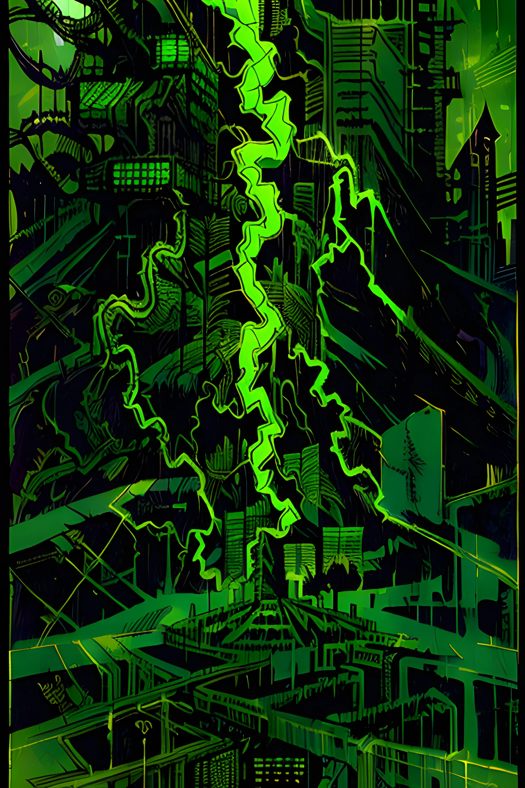 <lora:tarot card:1>, green lightning, city background, fog, dangerous depressing atmosphere, intricate, elegant, highly detailed, digital painting, artstation, concept art, smooth, sharp focus, illustration, art by h r giger and greg rutkowski and alphonse mucha, beautiful dramatic lighting, magnetic field, asteroid field